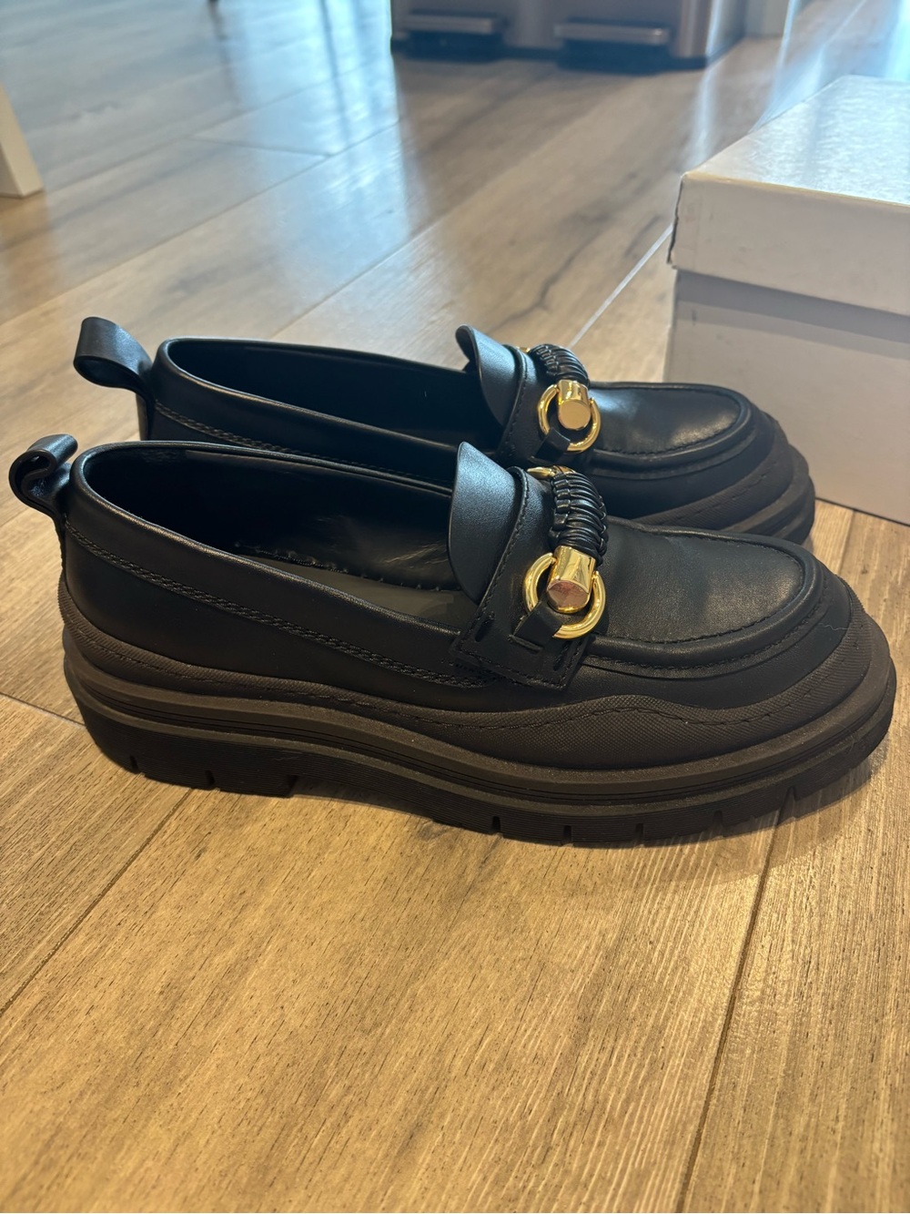 Chloe Black Platform Loafers with Gold Accent
